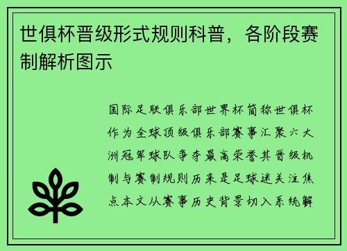 世俱杯晋级形式规则科普，各阶段赛制解析图示